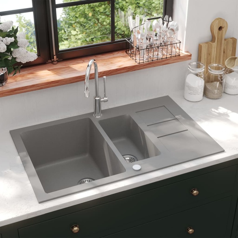 Berkfield Kitchen Sink Double Basins Grey Granite