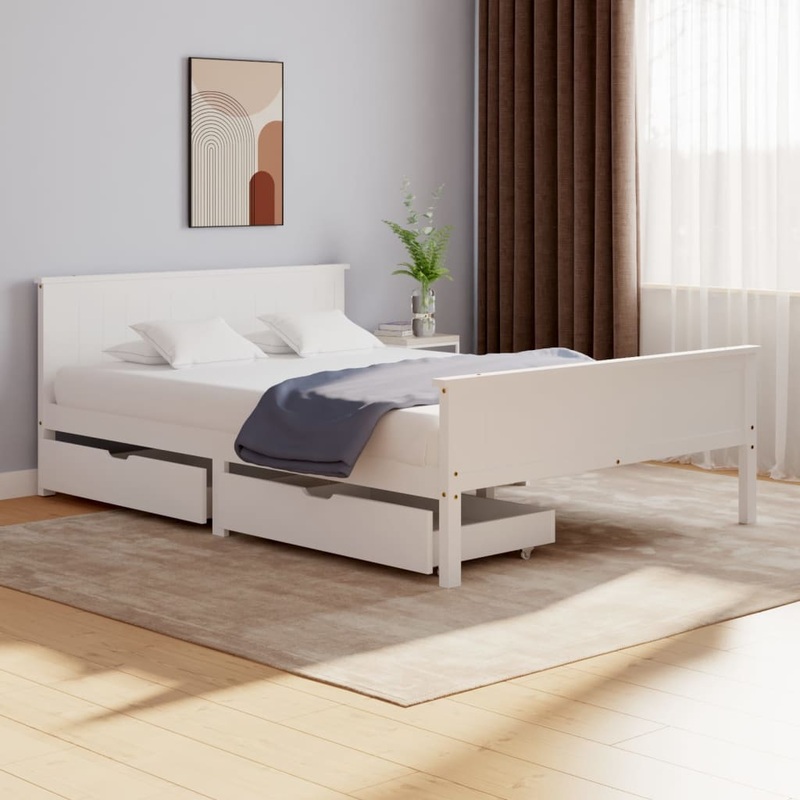 Berkfield Bed Frame with 2 Drawers White Solid Wood Pine 160×200 cm