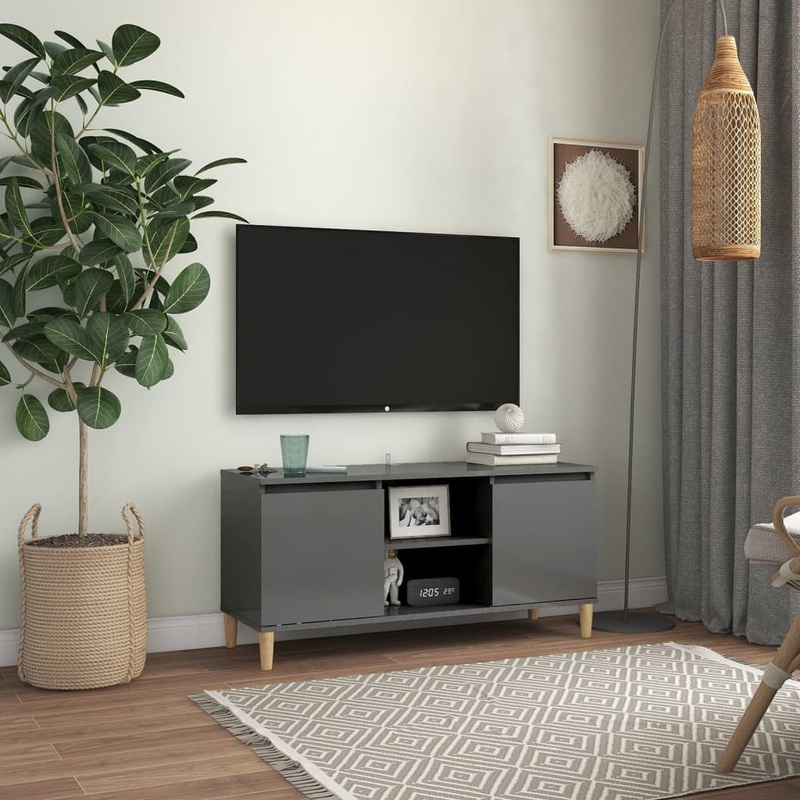 Berkfield TV Cabinet & Solid Wood Legs High Gloss Grey 103.5x35x50 cm