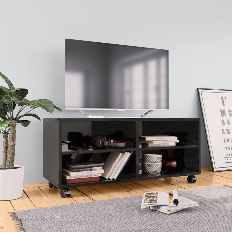 Berkfield TV Cabinet with Castors High Gloss Black 90x35x35 cm Engineered Wood