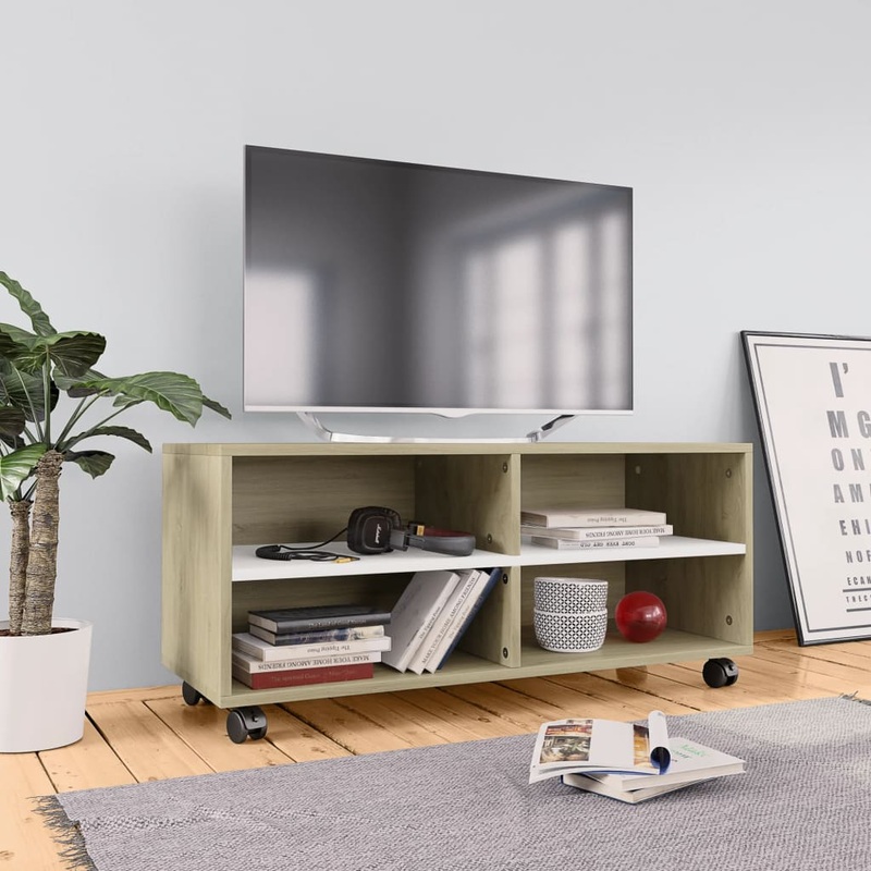 Berkfield TV Cabinet with Castors White and Sonoma Oak 90x35x35 cm Engineered Wood