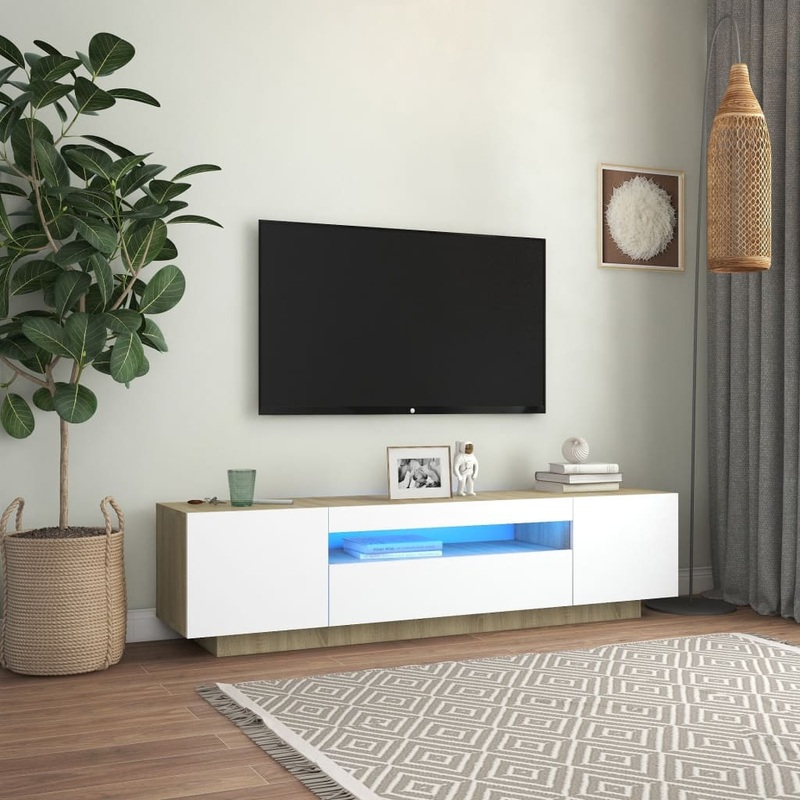 Berkfield TV Cabinet with LED Lights White and Sonoma Oak 160x35x40 cm