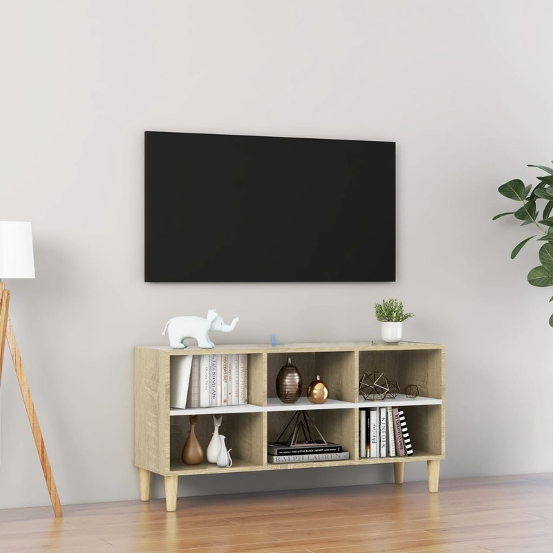 Berkfield TV Cabinet with Solid Wood Legs White and Sonoma Oak 103.5x30x50 cm
