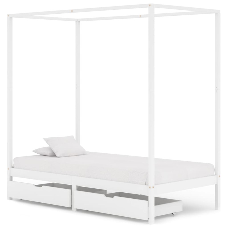 Berkfield Canopy Bed Frame with 2 Drawers White Solid Pine Wood 90x200cm
