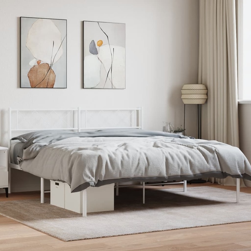 Berkfield Metal Bed Frame with Headboard White 120×190 cm 4FT Small Double