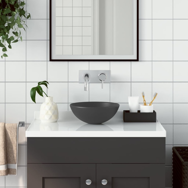 Berkfield Bathroom Sink Ceramic Dark Grey Round