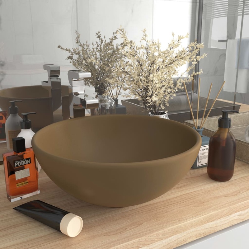 Berkfield Luxury Bathroom Basin Round Matt Cream 32.5×14 cm Ceramic