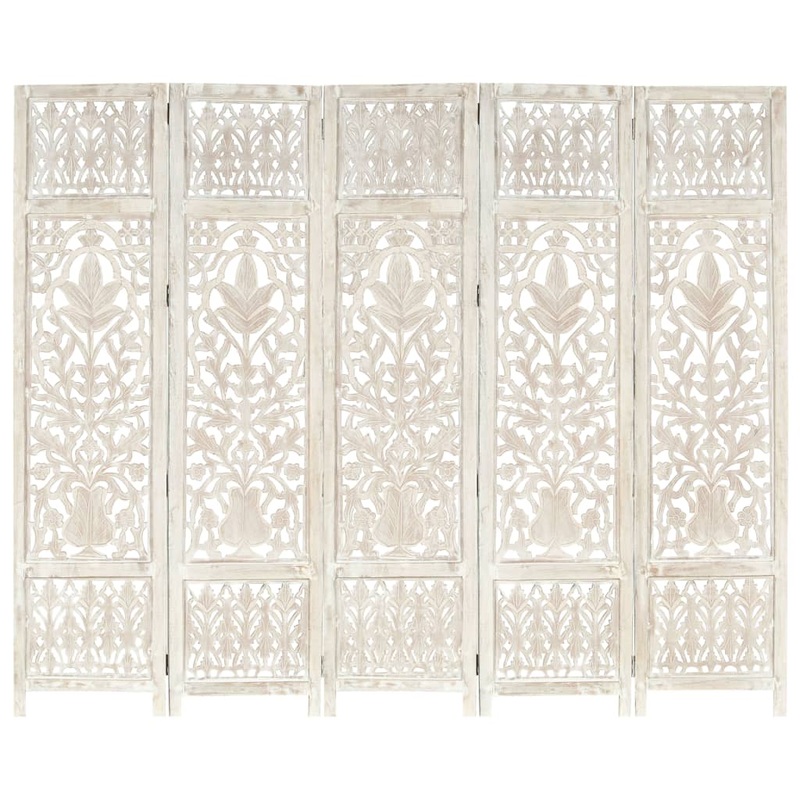 Berkfield Hand carved 5-Panel Room Divider White 200×165 cm Solid Mango Wood