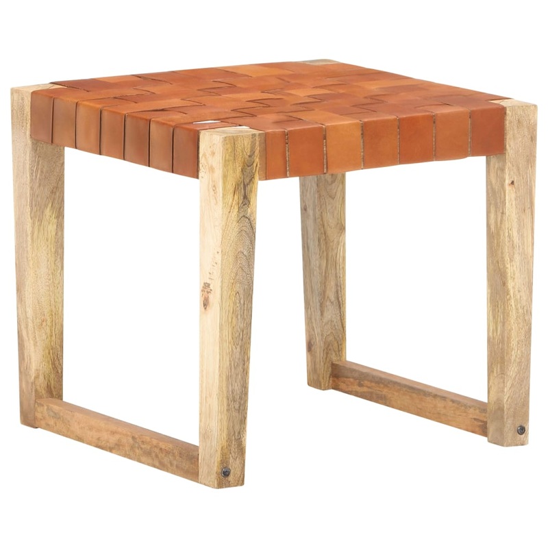 Berkfield Stool Light Brown Real Leather and Solid Mango Wood