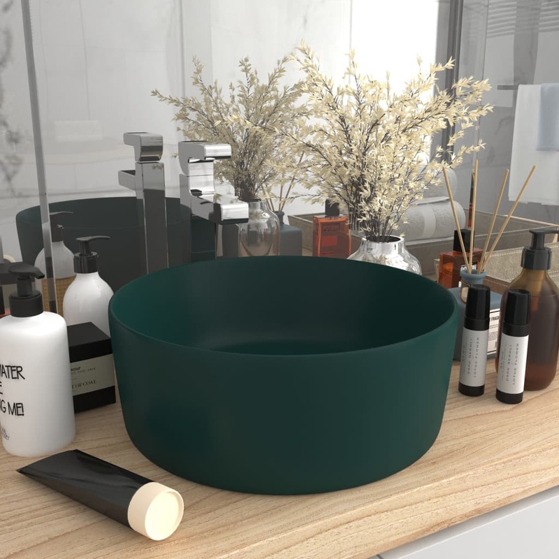 Berkfield Luxury Wash Basin Round Matt Dark Green 40×15 cm Ceramic