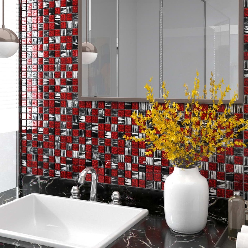 Berkfield Mosaic Tiles 11 pcs Black and Red 30×30 cm Glass