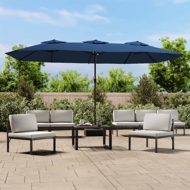 Berkfield Double-Head Parasol with LEDs Azure Blue 449×245 cm