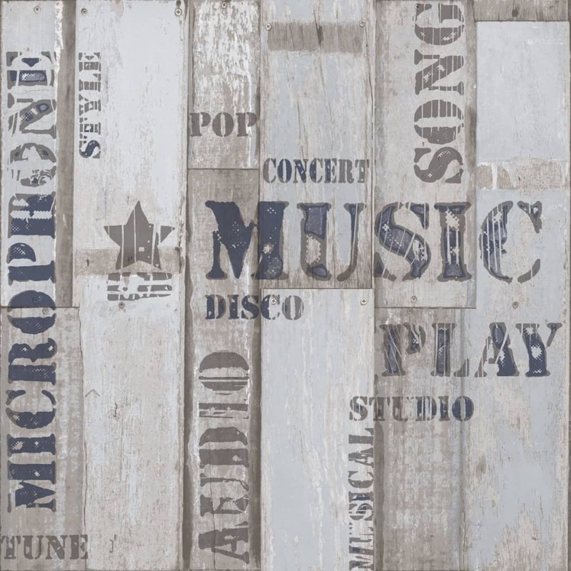 Noordwand Urban Friends & Coffee Wallpaper Wooden Planks Words Blue and Grey