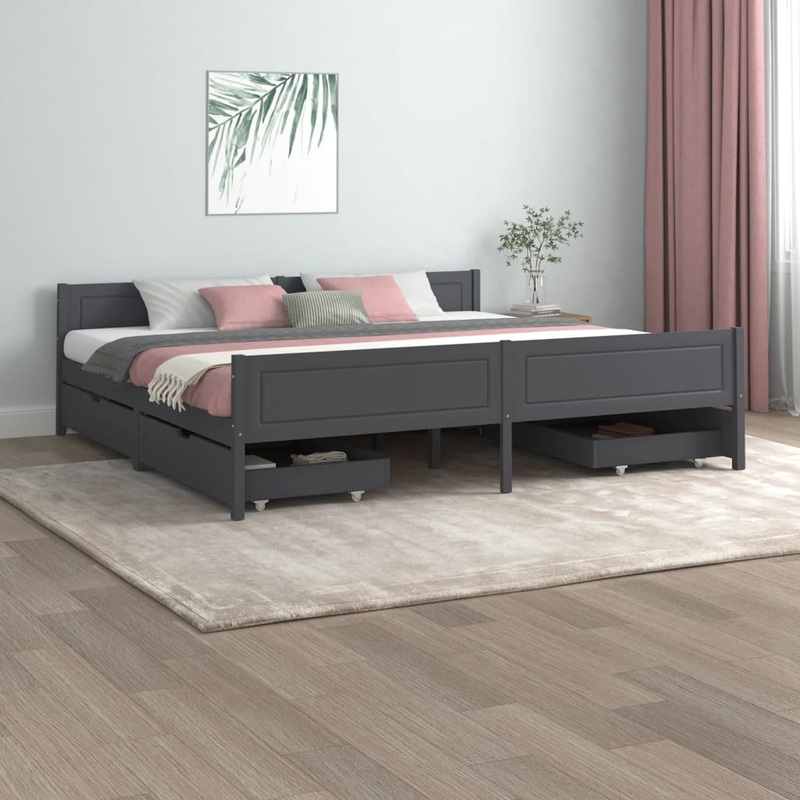 Berkfield Bed Frame with 4 Drawers Dark Grey Solid Wood Pine 200×200 cm